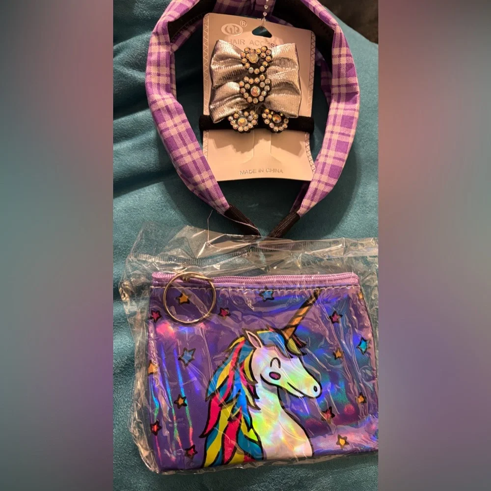 Kids Checkered Headband and Unicorn Pouch Set